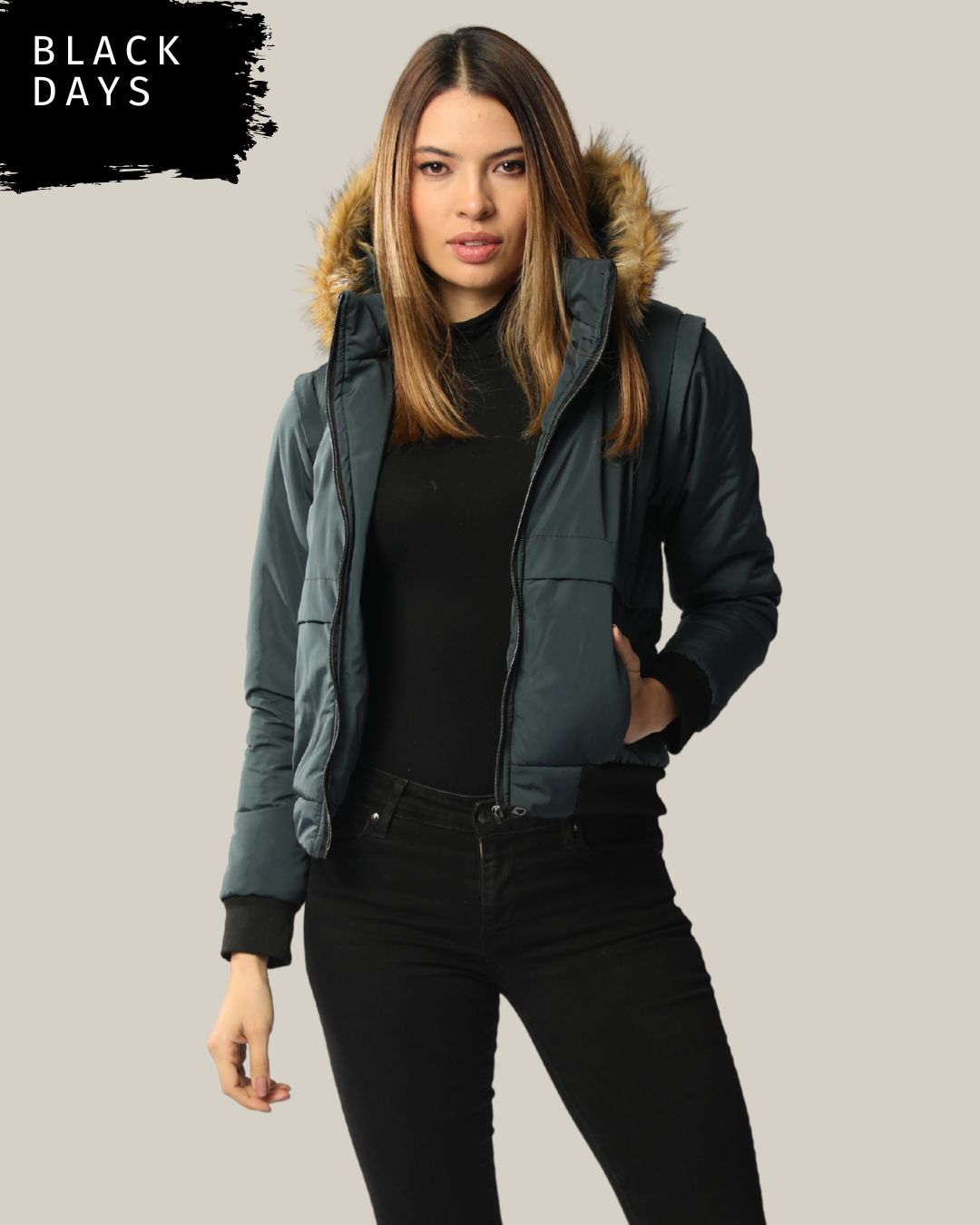Chaqueta convertible a chaleco con peluche en la capota para mujer INOLVIDABLE