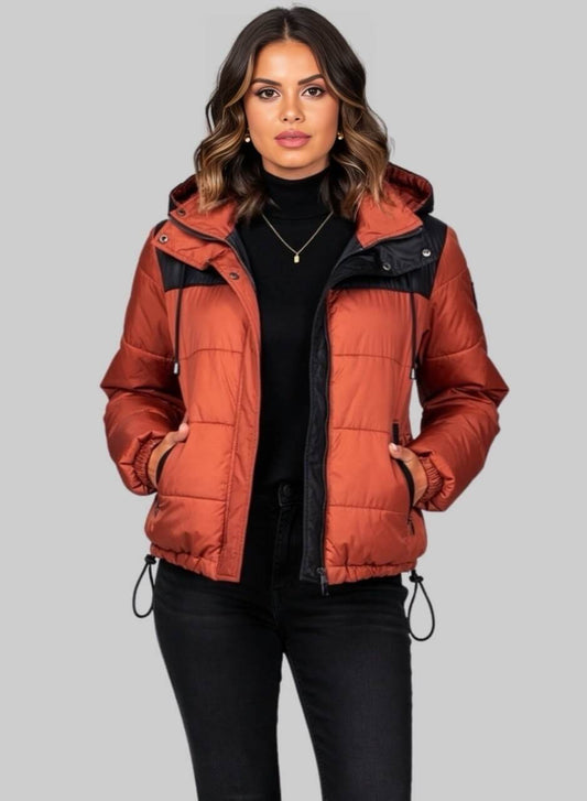 Chaqueta puffer bicolor terracota para mujer  INOLVIDABLE