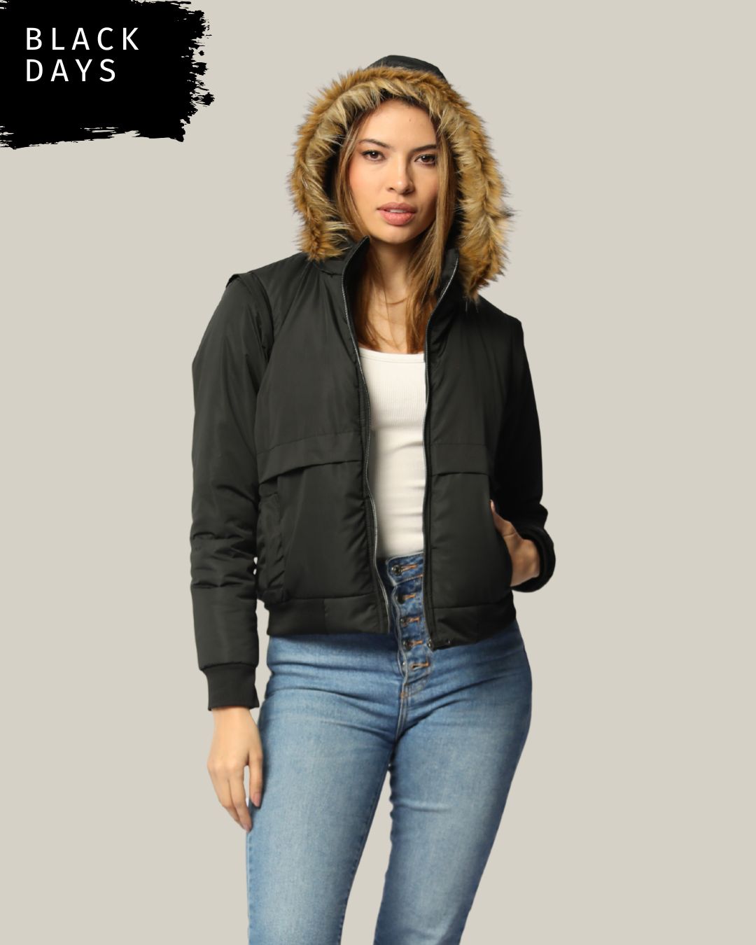 Chaqueta convertible a chaleco con peluche en la capota para mujer INOLVIDABLE