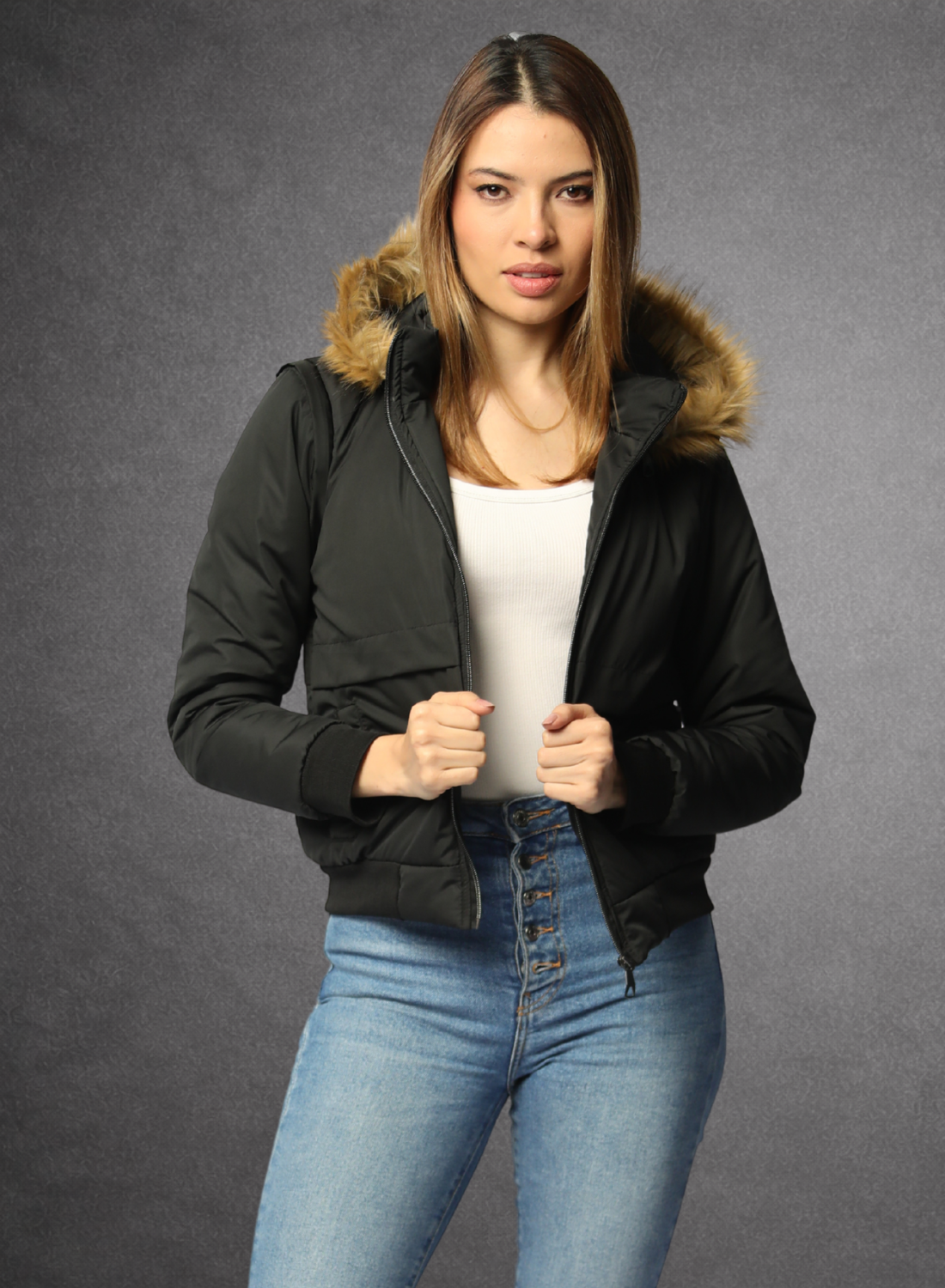 Chaqueta convertible a chaleco con peluche en la capota para mujer INOLVIDABLE