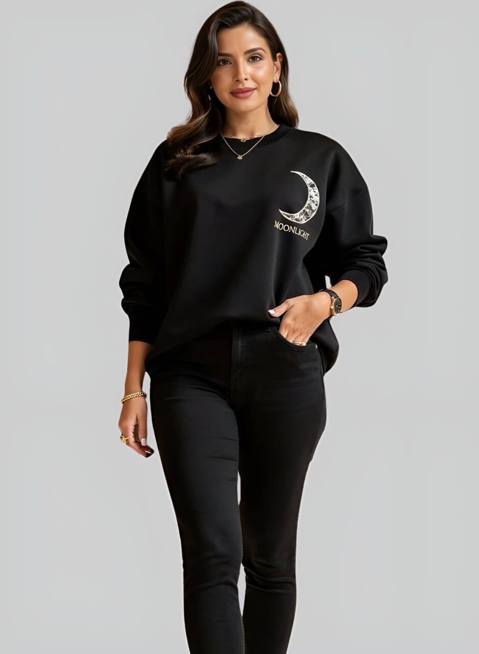 Buzo negro en algodon cuello redondo moonlight para mujer INOLVIDABLE