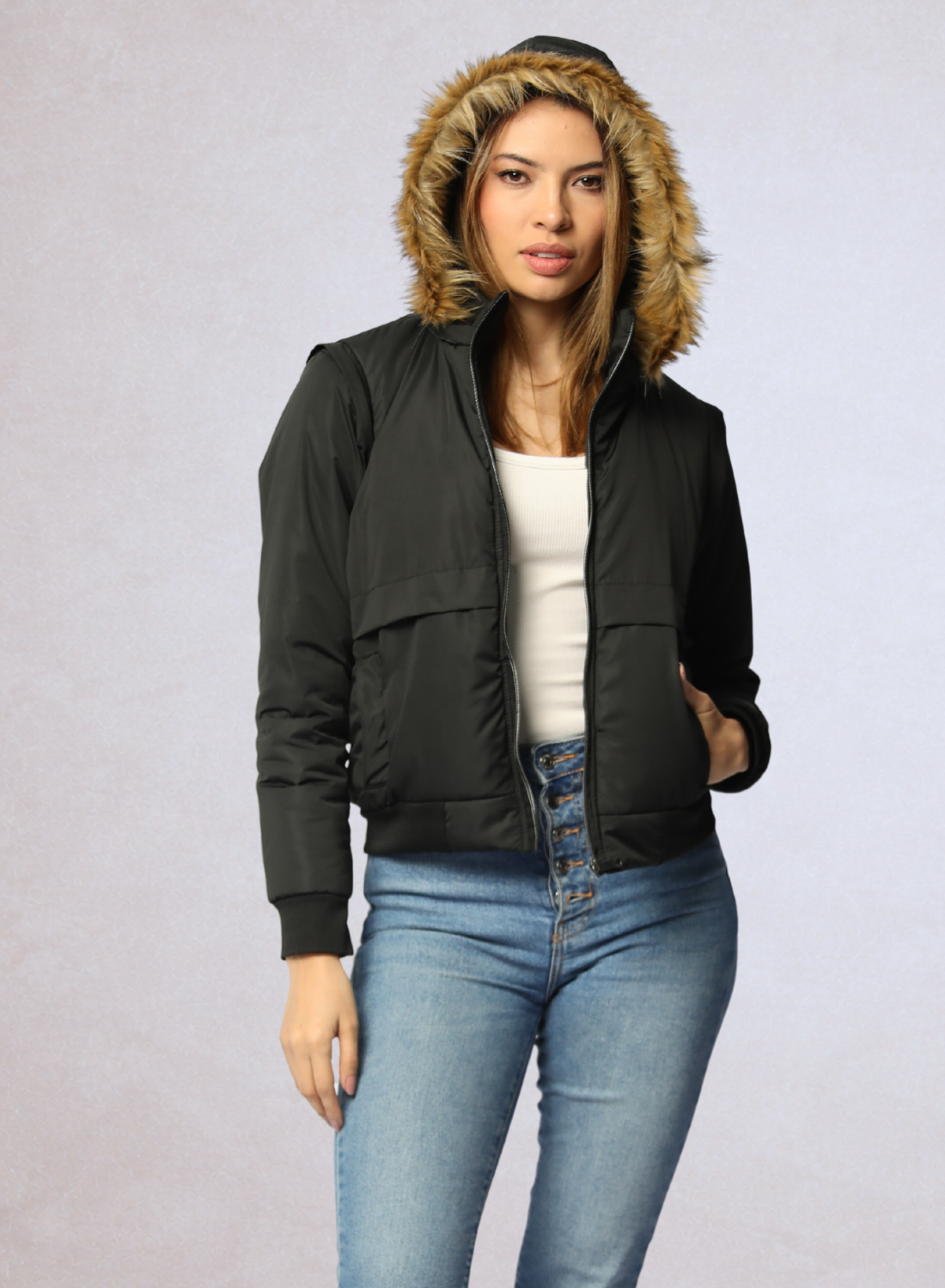 Chaqueta convertible a chaleco con peluche en la capota para mujer INOLVIDABLE