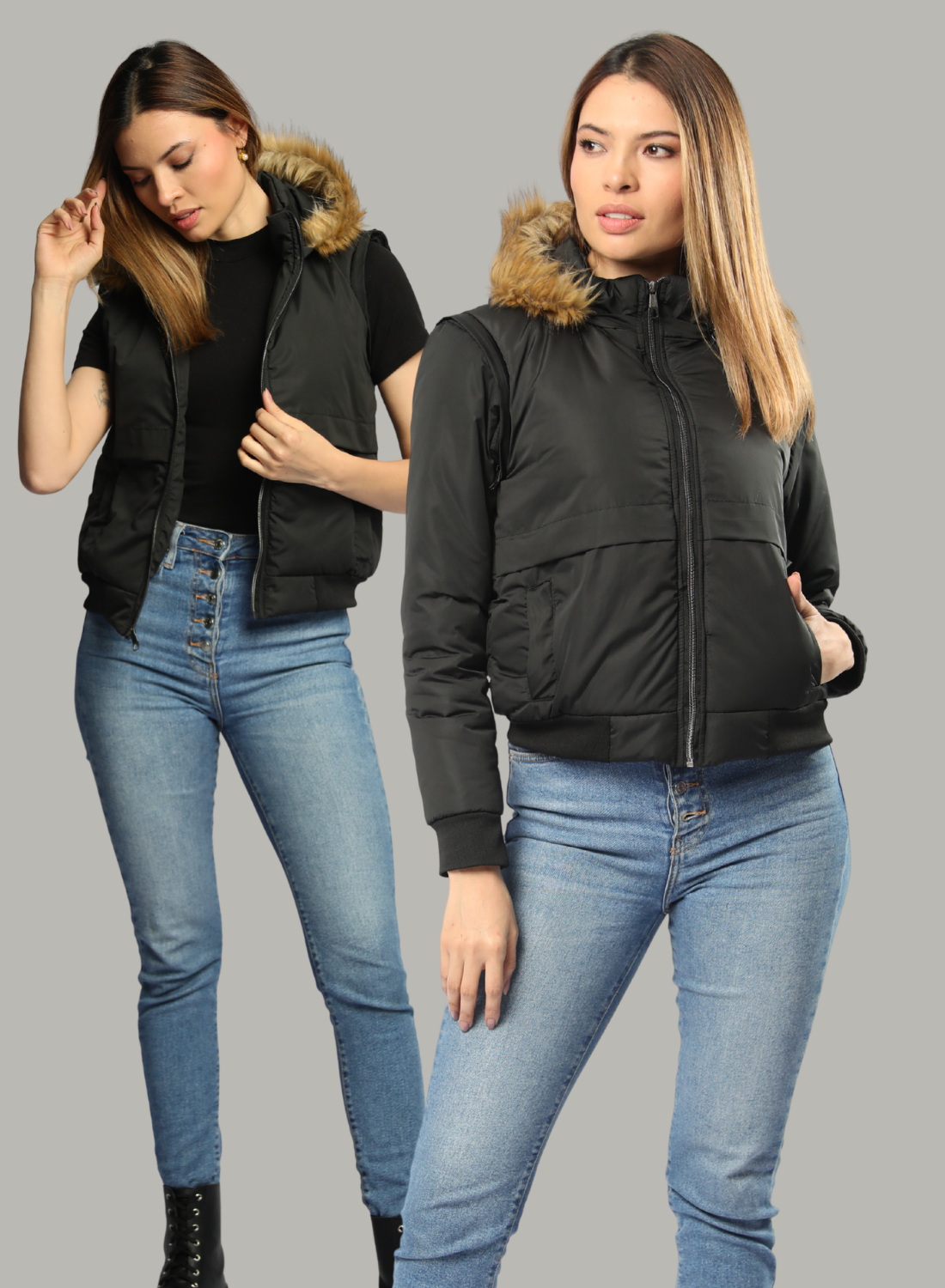 Chaqueta convertible a chaleco con peluche en la capota para mujer INOLVIDABLE