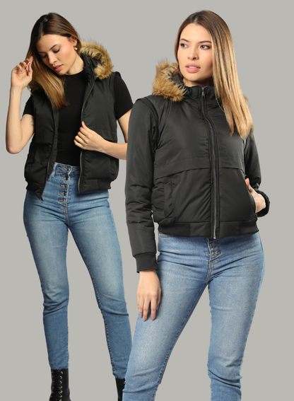 Chaqueta convertible a chaleco con peluche en la capota para mujer INOLVIDABLE
