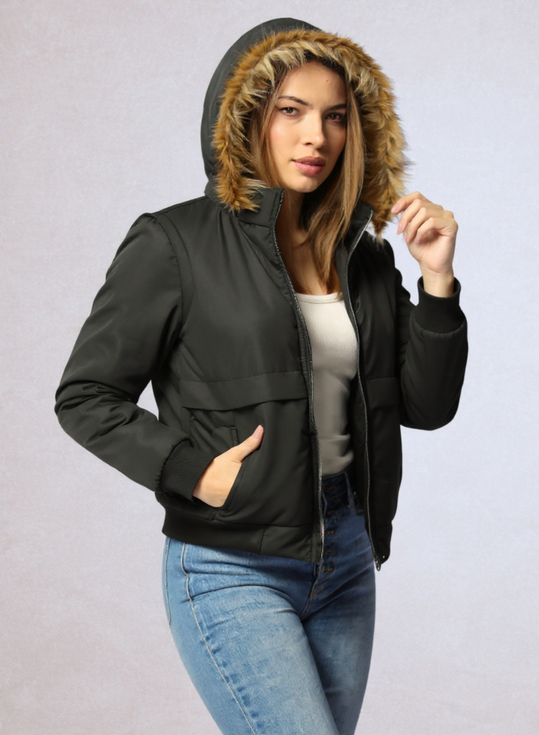 Chaqueta convertible a chaleco con peluche en la capota para mujer INOLVIDABLE