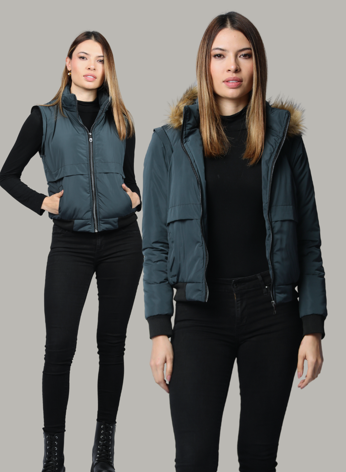 Chaqueta convertible a chaleco con peluche en la capota para mujer INOLVIDABLE