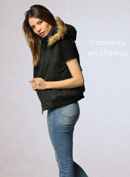 Chaqueta convertible a chaleco con peluche en la capota para mujer INOLVIDABLE
