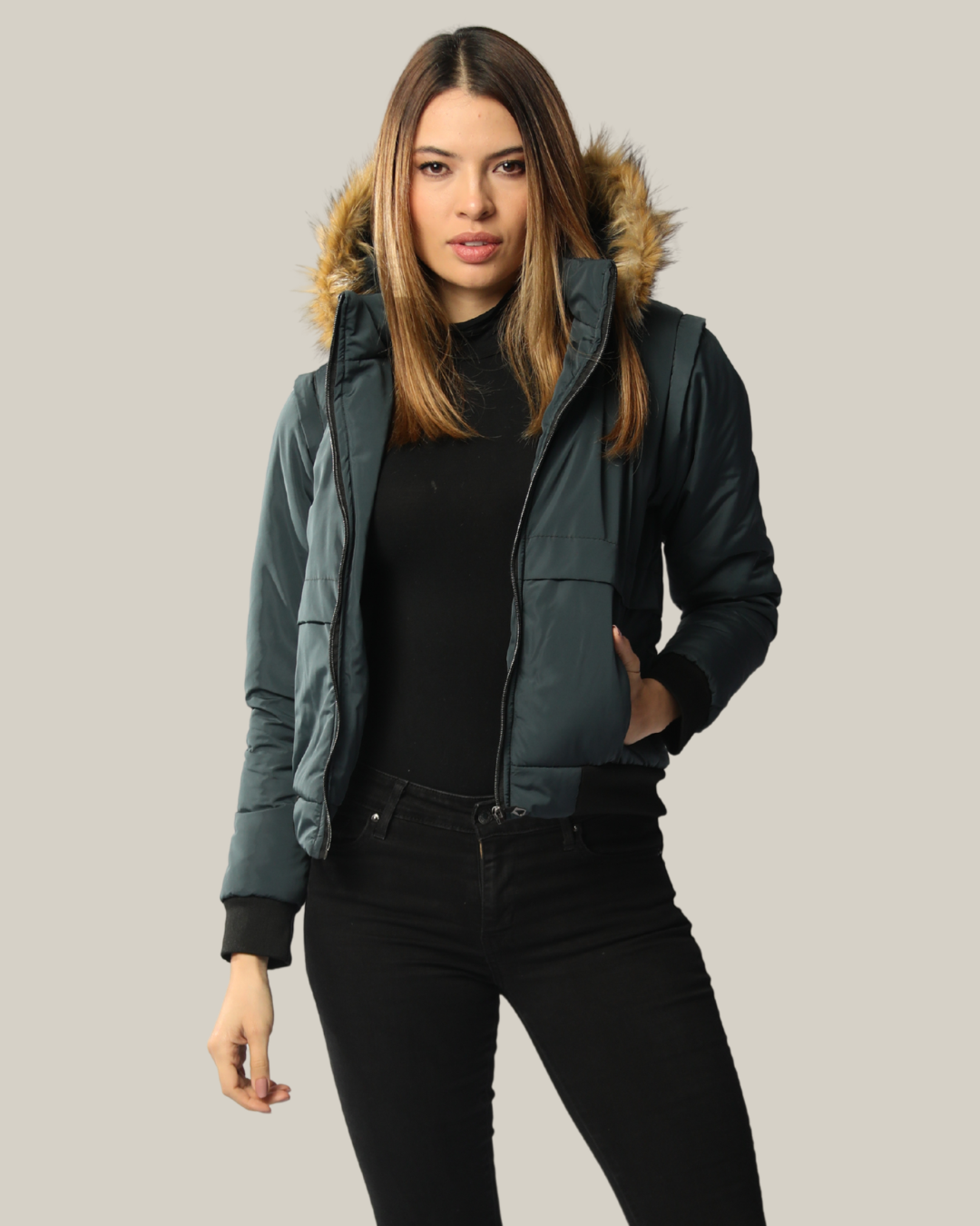 Chaqueta convertible a chaleco con peluche en la capota para mujer INOLVIDABLE