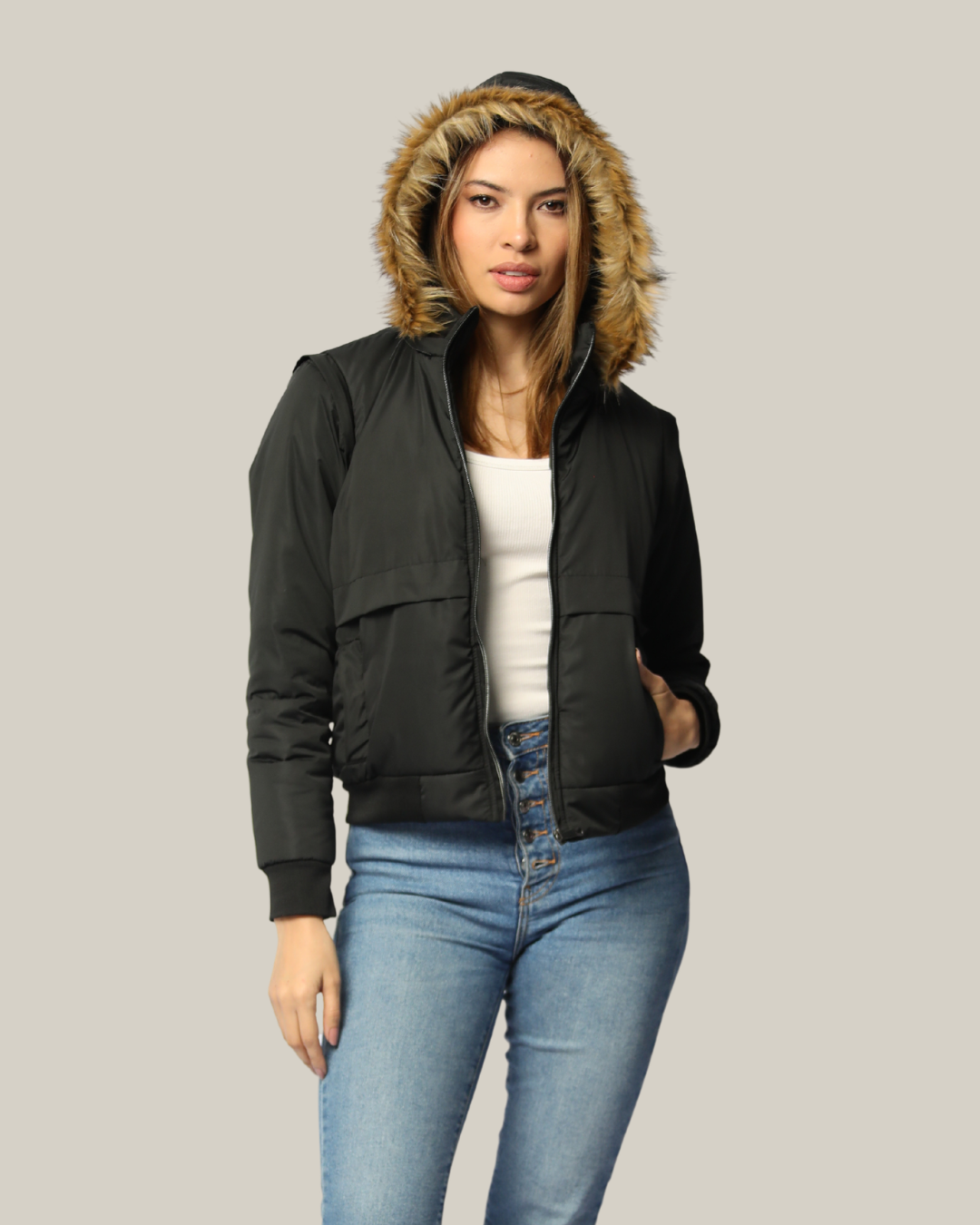 Chaqueta convertible a chaleco con peluche en la capota para mujer INOLVIDABLE